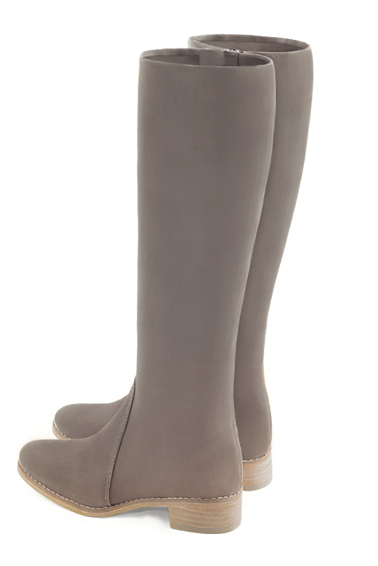 Bronze beige women's riding knee-high boots. Round toe. Low leather soles. Made to measure. Rear view - Florence KOOIJMAN